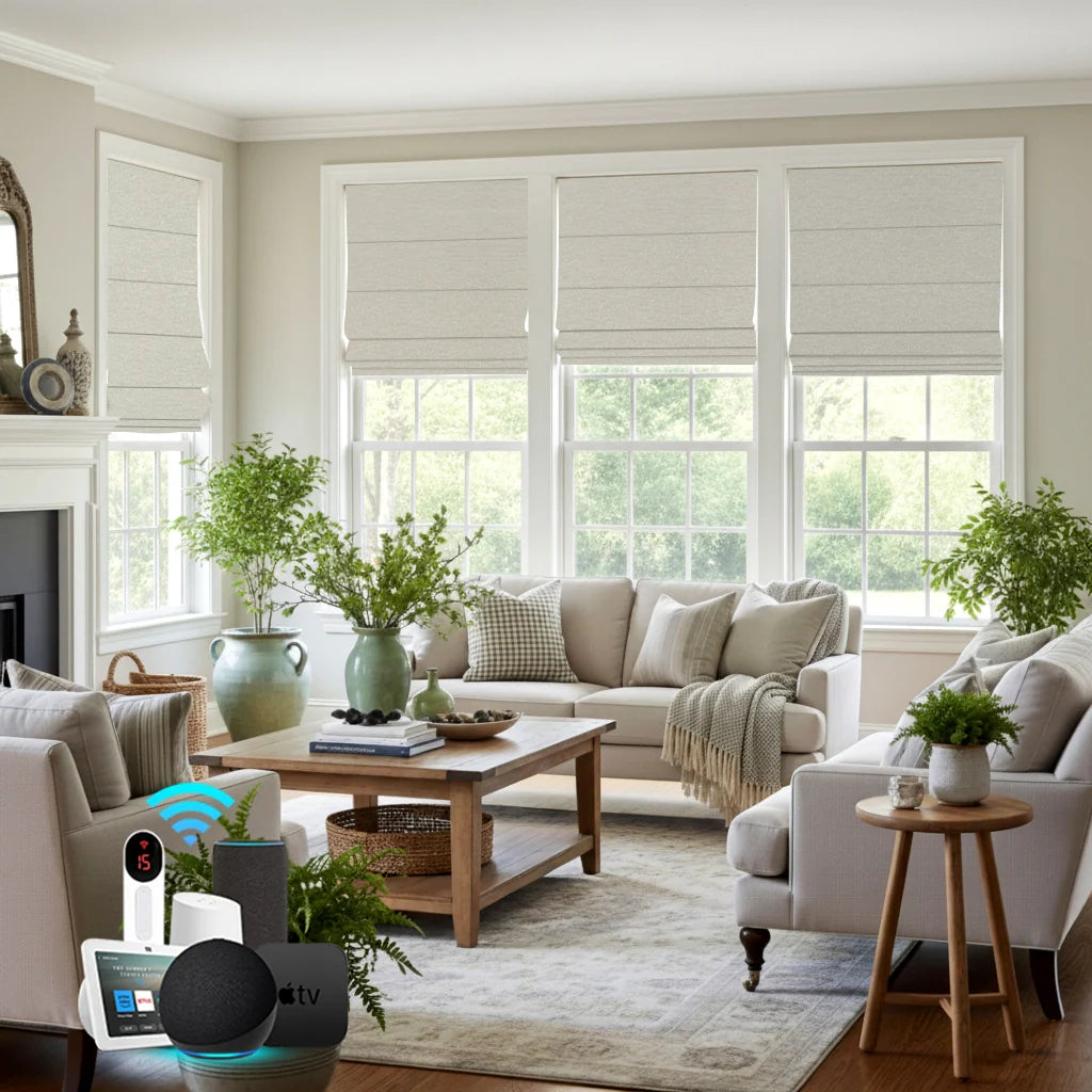 Motorized Roman shades in bright living room with white sofas, wooden coffee table, indoor plants, and smart home voice control devices, overlooking green garden.